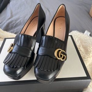 Gucci black Marmont platform fringe gold G logo heal mule loafer pump